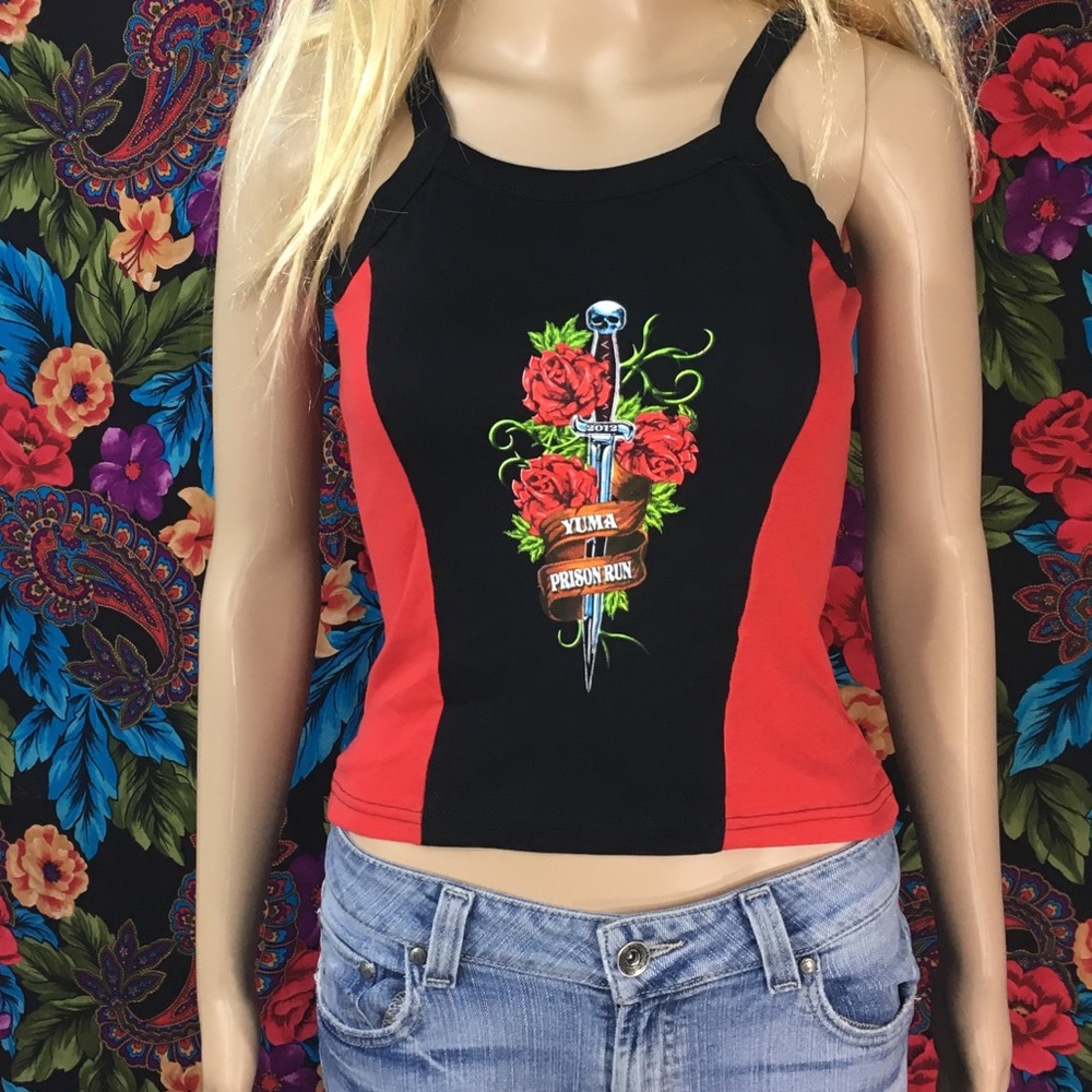 WOMEN’S YUMA PRISON RUN TANK TOP SIZE SMALL BIKER DAGGER ROSE SHIRT CAMI